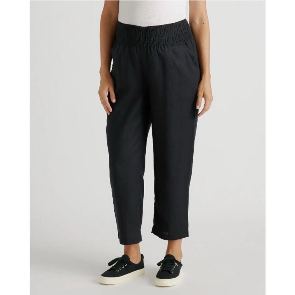 Quince Black Maternity Linen Pants sz S Smocked Elastic Waist Pull-on